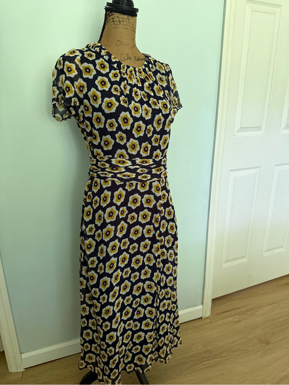 Boden Floral Print Navy and Yellow Short-Sleeve Midi Dress